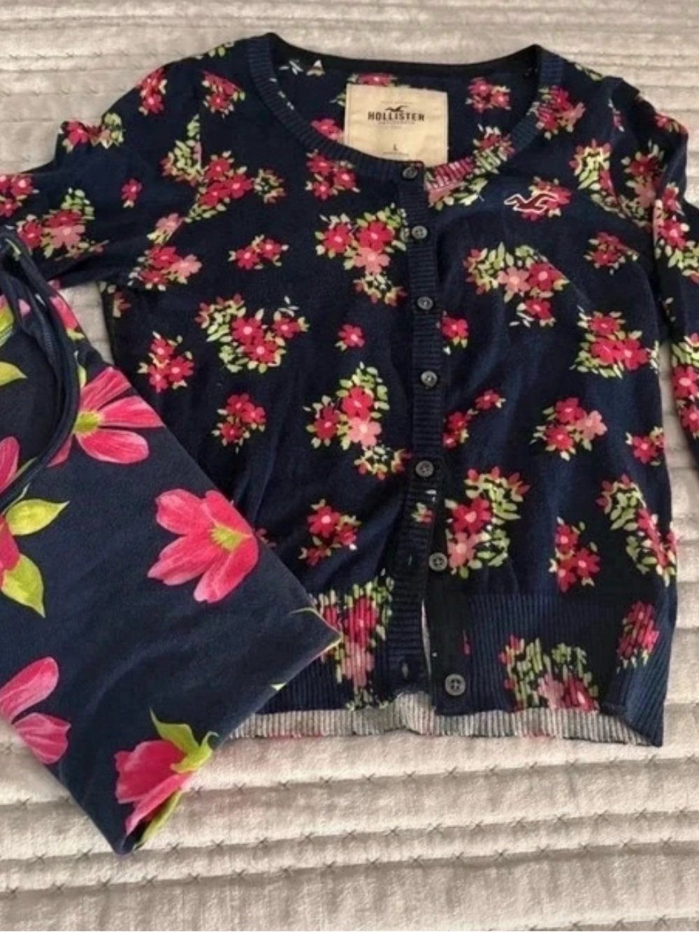 Hollister Navy Floral Button Cardigan and tank with Pink & Green Accents